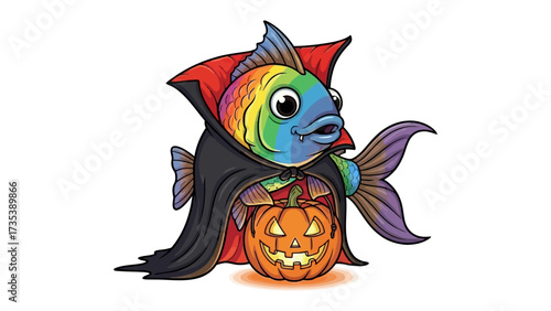 Spooky Fish and Jack-o'-lantern: A colorful fish, dressed in a vampire cape, holding a carved pumpkin in a cheerful Halloween scene, radiating the spirit of Halloween.