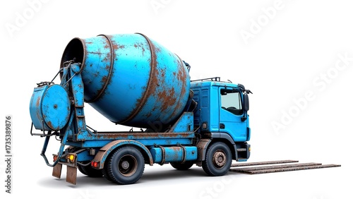 Blue Rusty Concrete Mixer Truck on a White Background