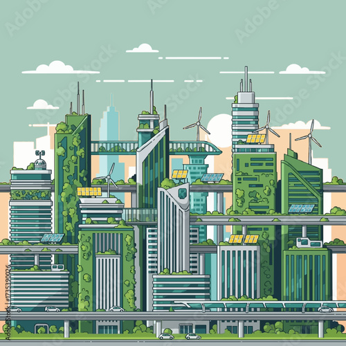Vision of a sustainable future city blending modern architecture with lush nature, powered by clean renewable energy