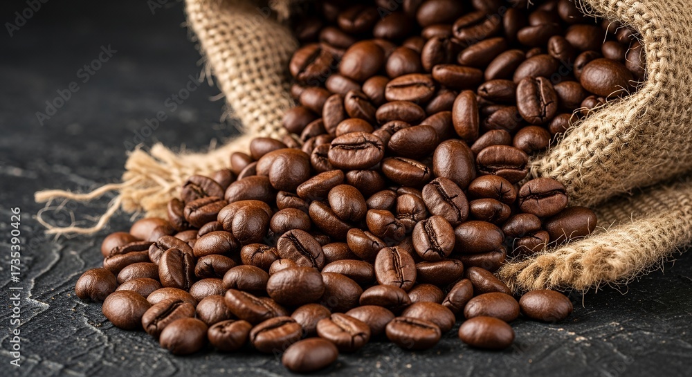 Fototapeta premium Roasted coffee beans spilling from burlap sack onto dark stone surface, close-up of aromatic coffee texture 