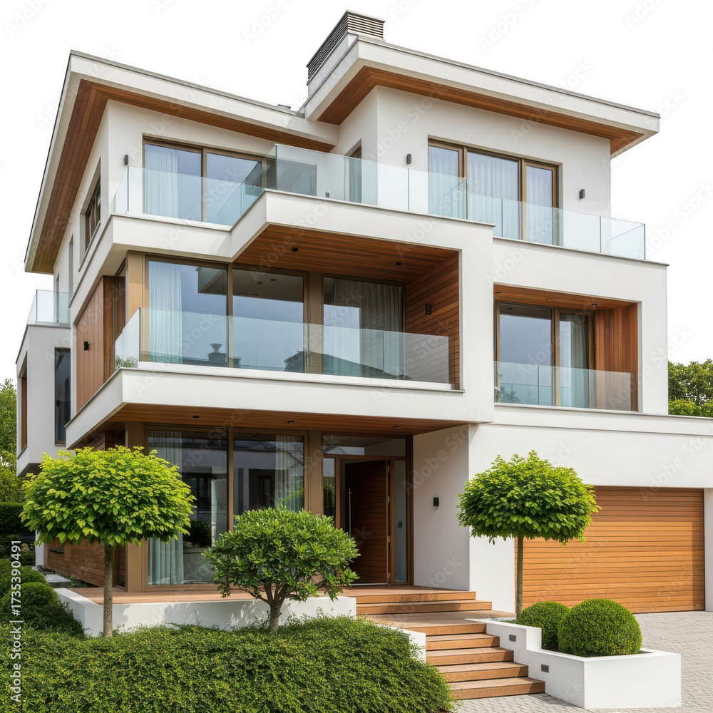 Fototapeta premium Modern luxury residence with sleek design and lush greenery outdoors