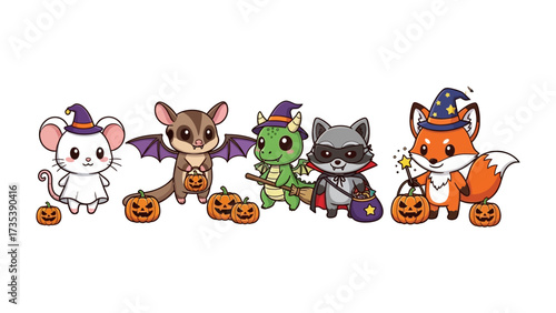 Halloween Critters: A whimsical illustration of a charming Halloween scene, featuring five adorable critters costumed in festive attire, embodying the joyful spirit of the holiday.