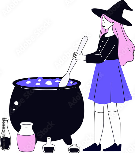Young witch stirring a bubbling cauldron with potions nearby illustration