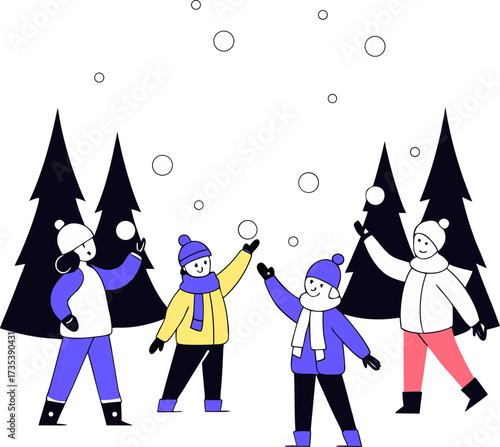 Children playing in the snow throwing snowballs in a forest illustration