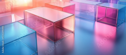 Transparent colorful rectangular glass blocks arranged in a grid pattern on a reflective surface with soft gradient lighting
