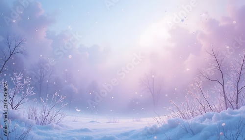 Peaceful winter landscape with snow and mist under a soft pastel pink and purple sky background