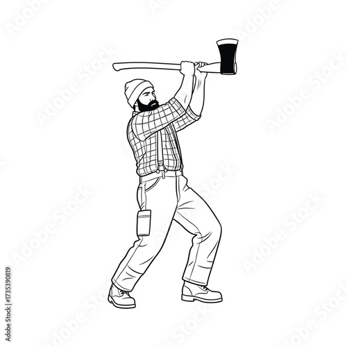 lumberjack with axe in black and white line art