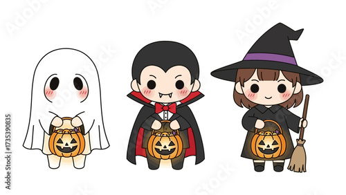 Halloween Characters: A cheerful ghost, vampire, and witch, each clutching a glowing jack-o'-lantern, spread Halloween cheer in a charming illustration, ready for trick or treat!