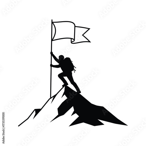 silhouette of a hiker planting a flag on a mountain top