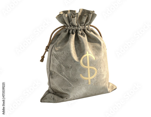 A full, weathered burlap sack tied closed with a gold dollar sign on it