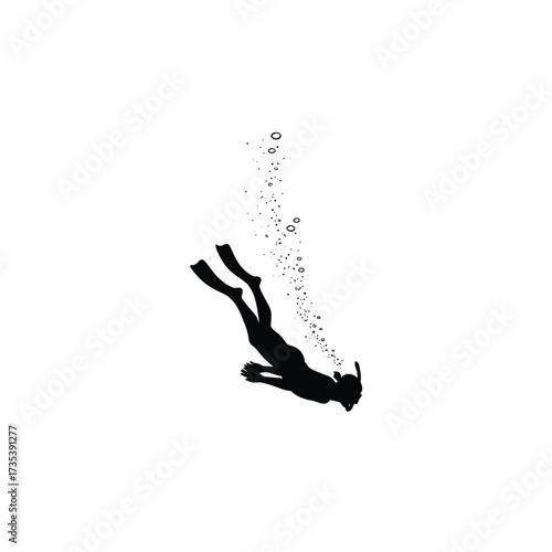 silhouette of a diver with bubbles