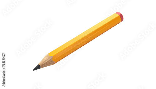 A yellow wooden writing instrument with a pink eraser and sharpened graphite tip