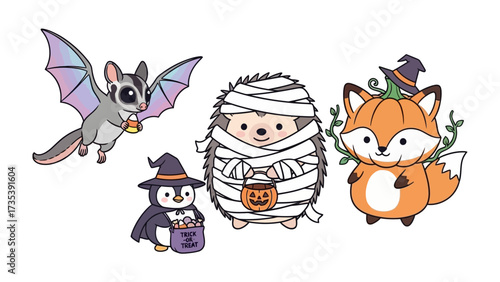 Cute Halloween Critters: A whimsical collection of adorable creatures dressed up for Halloween, including a sugar glider, hedgehog, penguin, and fox, creating a playful and festive atmosphere.