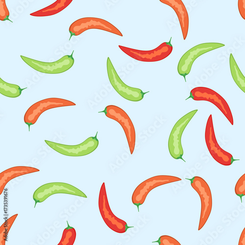 Seamless pattern of chili peppers on blue background