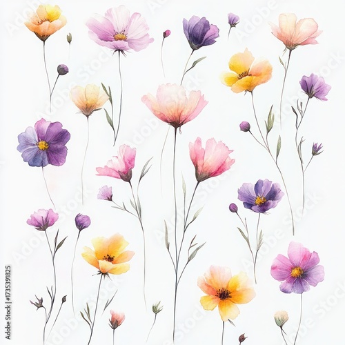 Fototapeta Naklejka Na Ścianę i Meble -  Delicate watercolor painting of various colorful wildflowers with soft petals in shades of purple, pink, yellow, and orange arranged on white background