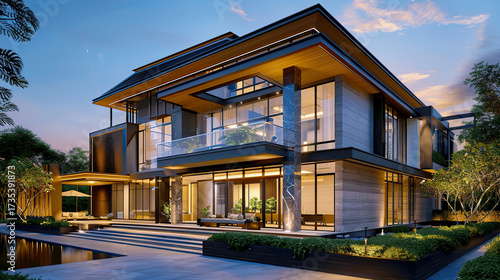 Modern luxury house exterior with large glass windows, spacious patio, and lush greenery, beautifully lit at dusk creating a serene ambiance.