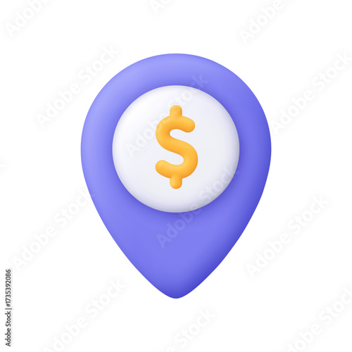 Purple map pin with a golden dollar sign. Business, finance, banking, ATM and fintech concept. 3d vector icon. Cartoon minimal style.