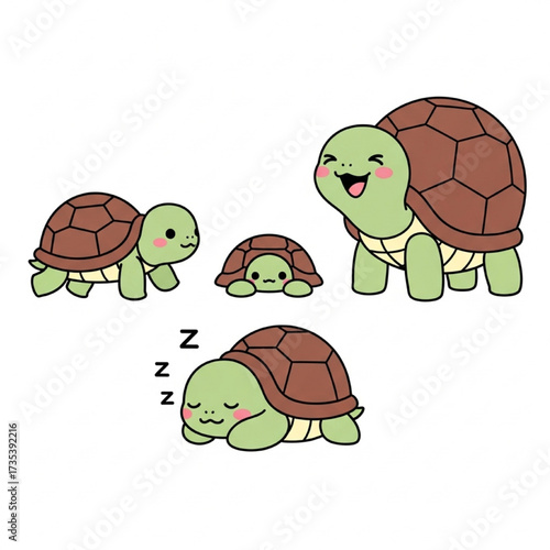 Cute cartoon turtles in various adorable poses, including sleeping and playful