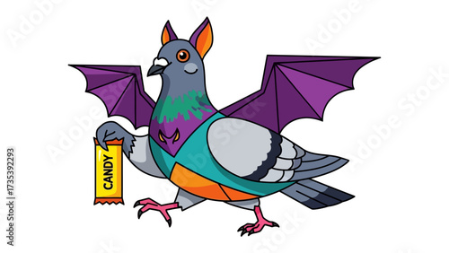 Halloween Pigeon: A whimsical cartoon illustration of a pigeon dressed up for Halloween as a bat, holding a candy bar, exuding playful charm and holiday spirit.