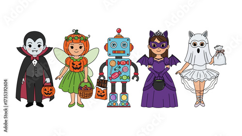 Halloween Costume Fantasy: Adorable cartoon characters dressed in costumes embodying the spirit of Halloween, each radiating whimsical charm and playful energy.