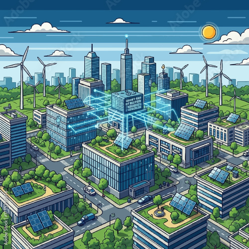 A futuristic eco-friendly metropolis powered by clean energy and connected by a digital smart grid network for sustainable urban living