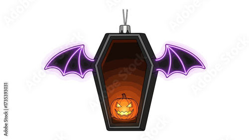 Haunting Halloween Ornament: A spooky Halloween ornament in the shape of a coffin, embellished with a glowing pumpkin and bat wings, all set against a night background.