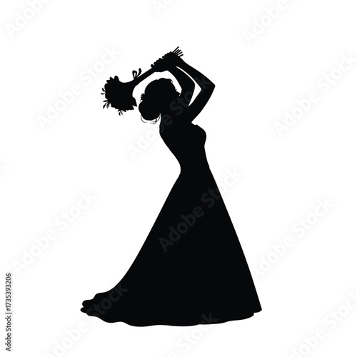silhouette of a bride throwing her bouquet