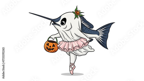 Halloween Fish Ballerina: A whimsical and charming illustration features a swordfish dressed as a ballerina, wearing a tutu and holding a jack-o'-lantern.
