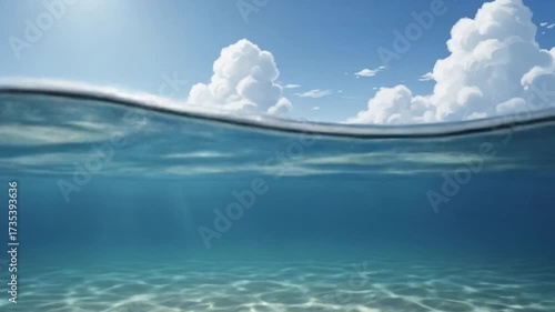 A Serene View: Half Underwater Scene with Clear Water and Puffy Clouds