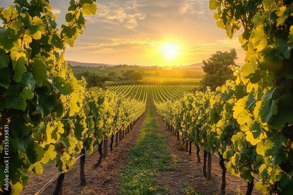 Fototapeta premium Sunset over a lush vineyard with rows of grapevines stretching into the distance under a partly cloudy sky