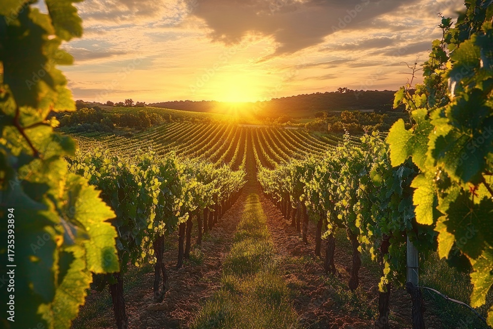 Fototapeta premium Sunset over a lush vineyard with rows of grapevines stretching into the distance under a partly cloudy sky