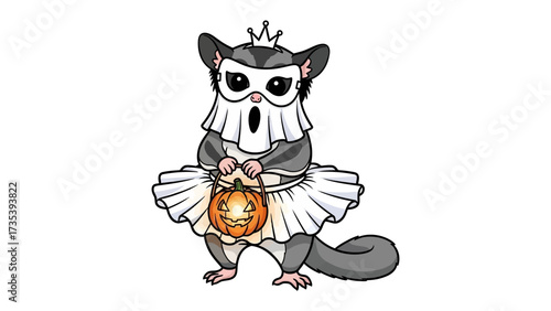 Halloween Sugar Glider's Spooktacular Costume: A whimsical illustration of a sugar glider donned in an adorable ghost costume, clutching a glowing jack-o'-lantern pail.