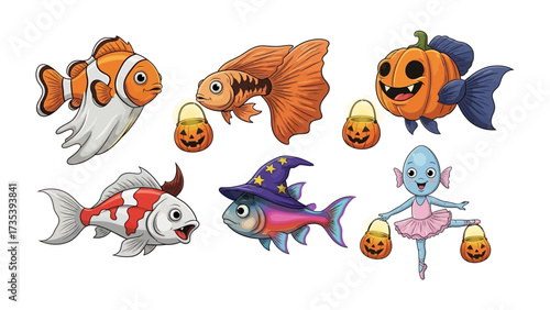 Underwater Halloween: Playful assortment of whimsical aquatic creatures with Halloween accessories, each radiating charm and festive spirit.