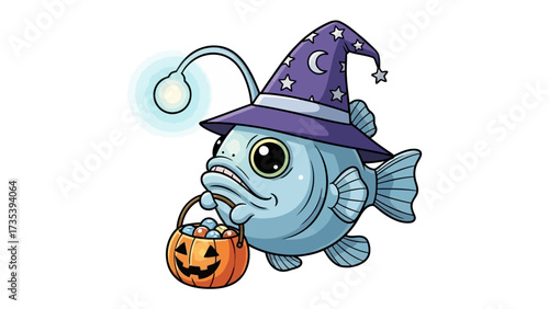 Halloween Fish Illustration: A whimsical illustration of a blue anglerfish, dressed in a witch hat and carrying a pumpkin-shaped candy bucket, ready for some Halloween fun!