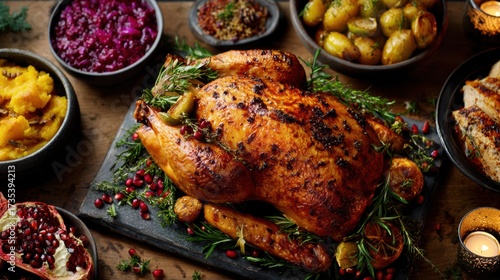 Deliciously roasted turkey surrounded by an exquisite array of vibrant side dishes, perfect for festive gatherings.