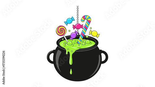 Potent Confectionary Alchemy: Vibrant candies levitate above a bubbling cauldron, conjuring a whimsical tableau of treats and enchantment.