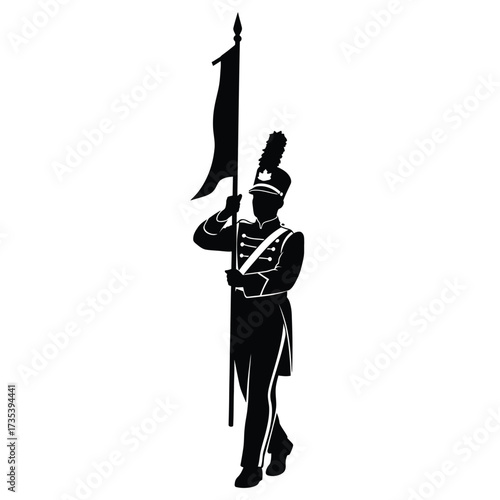 silhouette of a marching band member holding a flag