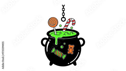 Hallowing Pot: A black cauldron is filled with vibrant, green liquid, accompanied by festive treats like candy canes and lollipops hanging above, conjuring images of sweet and eerie delights.