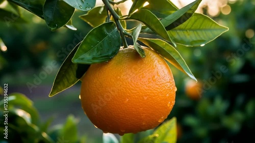 Captivating Close-Up: Ripe Orange Hanging in Citrus Grove at Sunrise