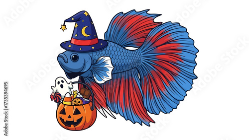 Enchanting Halloween Betta: A captivating illustration of a betta fish adorned in a whimsical wizard's hat, holding a pumpkin basket filled with spooky Halloween treats.