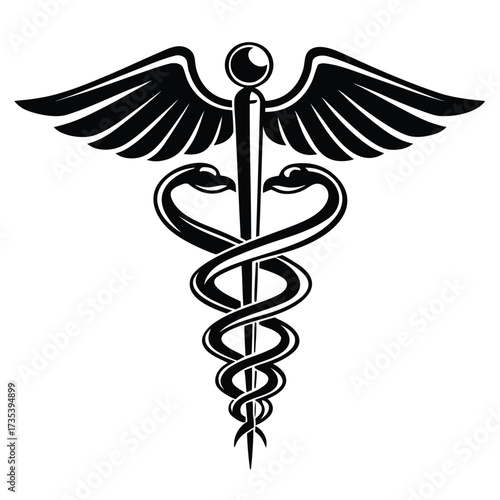 Detailed Black Caduceus Symbol with Two Snakes and Elaborate Wings on White Background Keywords: caduceus, medical symbol, healthcare, medicine, snake, serpent, wings, staff, rod, healing, doctor