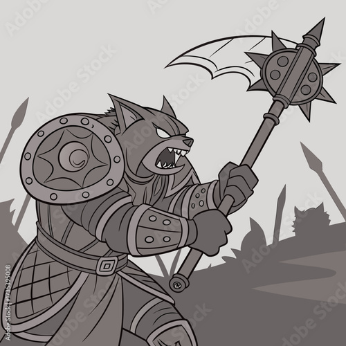 Fierce Feline Warrior Heavily Armored Cat Ready for Battle with Flanged Mace