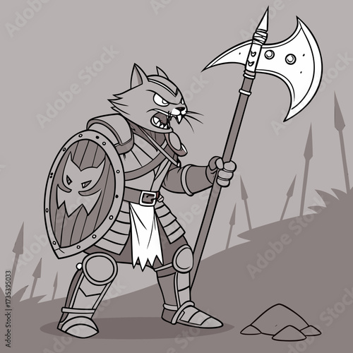 Fearsome Feline Fighter Cartoon Cat Warrior with Axe and Shield on Battlefield
