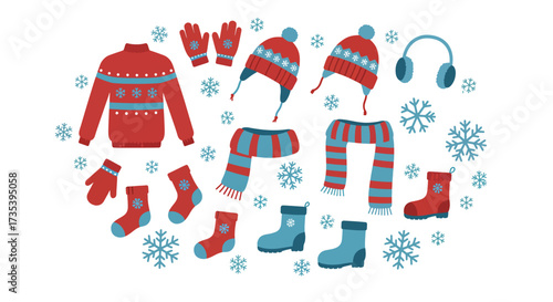 Collection of Cozy Winter Clothing and Accessories for Cold Weather.