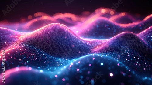 Glowing digital wave landscape with vibrant pink and blue particles creating an abstract futuristic and dynamic energy flow
