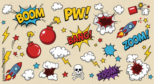Comic Book Style Explosions Rockets and Sound Effects Collection.
