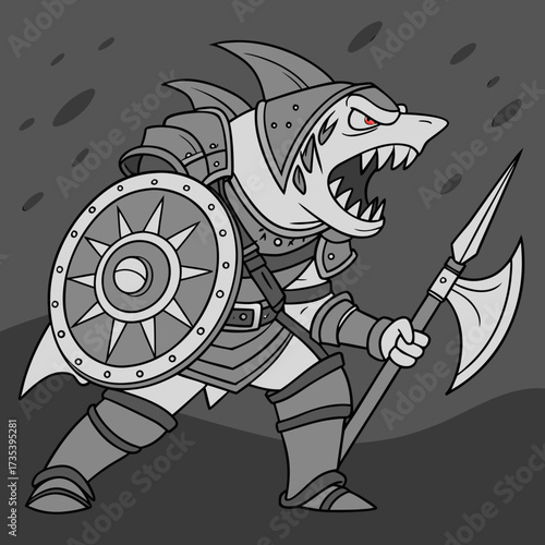Ferocious Armored Shark Warrior Ready for Battle with Spear and Shield