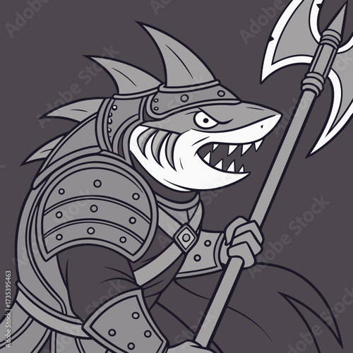 Ferocious Armored Shark Warrior Wielding an Axe Ready for Battle
