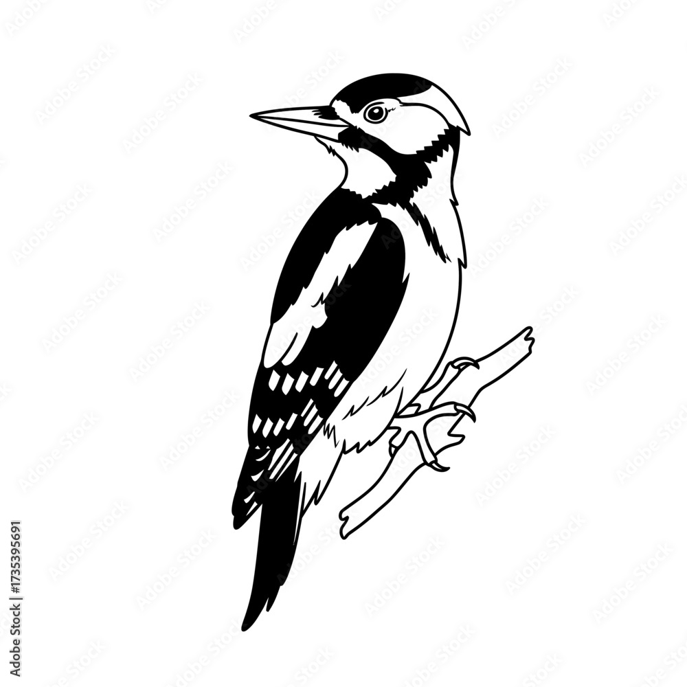 Fototapeta premium Woodpecker perched on a branch in black and white illustration 