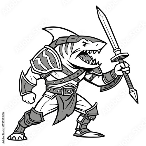 Ferocious Shark Warrior Armored Heavily Wielding Sword in Black and White